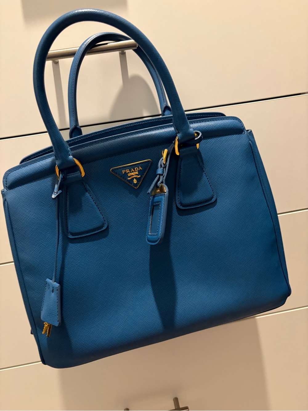 Prada Blue Saffiano Satchel with Original Gold Hardware, Key, Lock